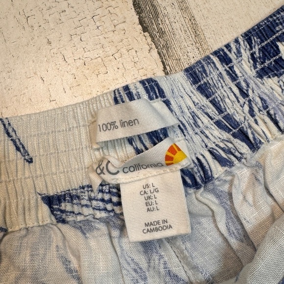 C&C California Cropped Wide Leg Linen Pants Blue Floral Tropical Large - Picture 4 of 8